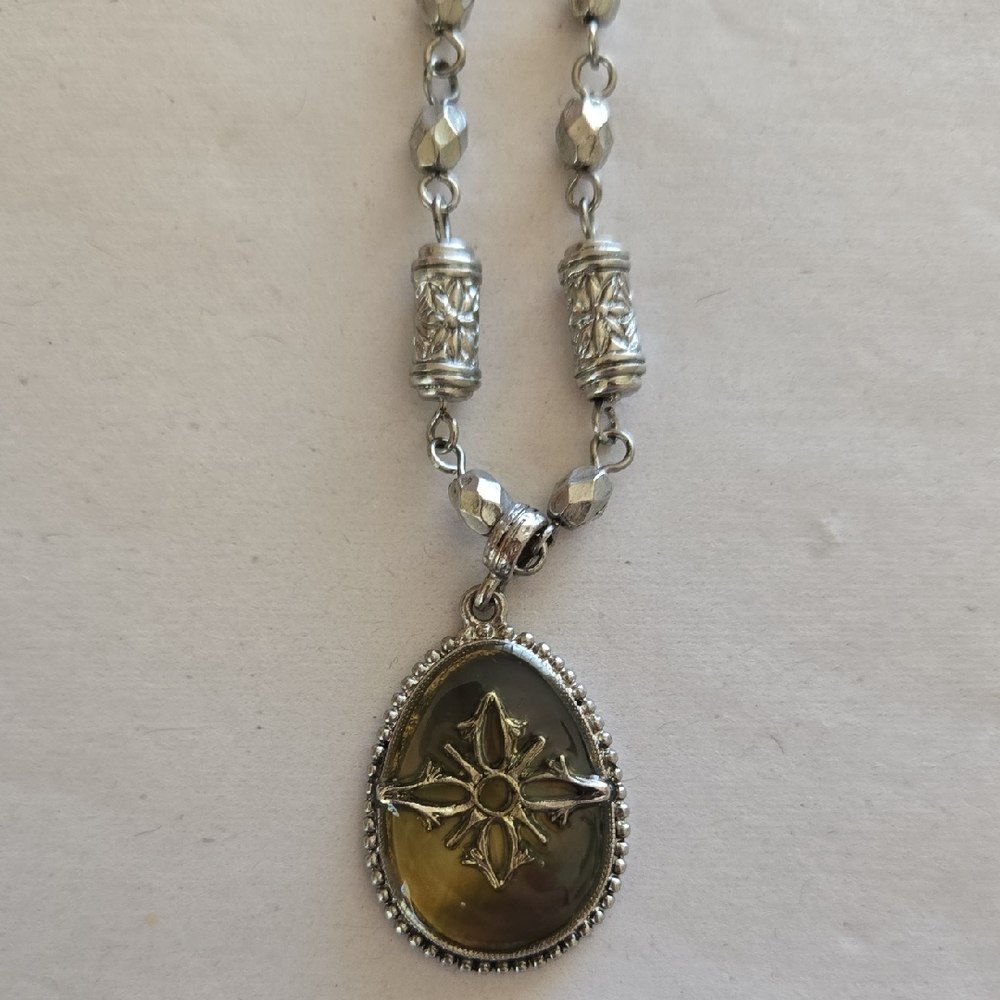 Ornate Silver Toned Iridescent Stone Reversible Pendant Whimigoth Fairy Necklace